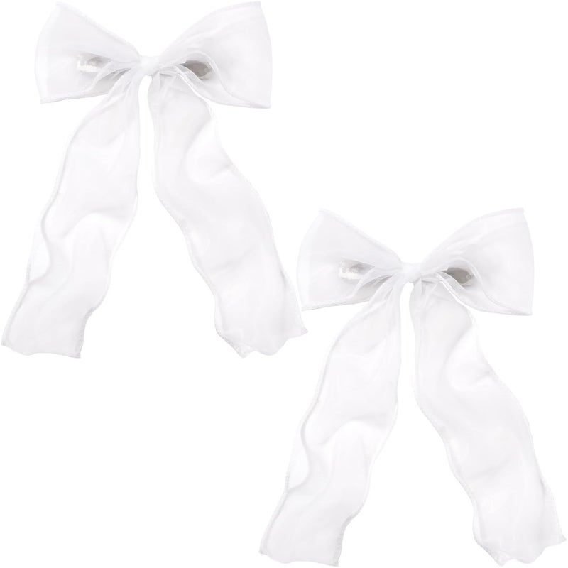 STSTR 2Pcs Large Hair Bow Clips, White Silk Yarn Ribbon Bow Hair Barrette for Women, Elegant Long Tail Bowknot French Hair Accessories for Wedding, Parties, Festivals - Style 4 - Image 1